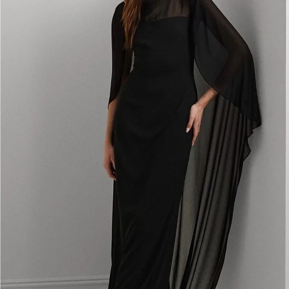 Ralph Lauren Black Sheer-Cape Maxi Dress - Picture 3 of 8